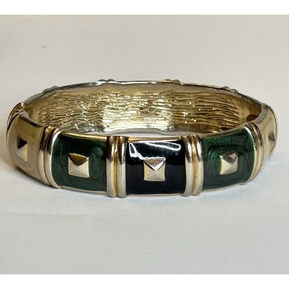 Vintage 80's Hinge Bangle Bracelet Cream Greens Oval Enamel Squares Gold Tone